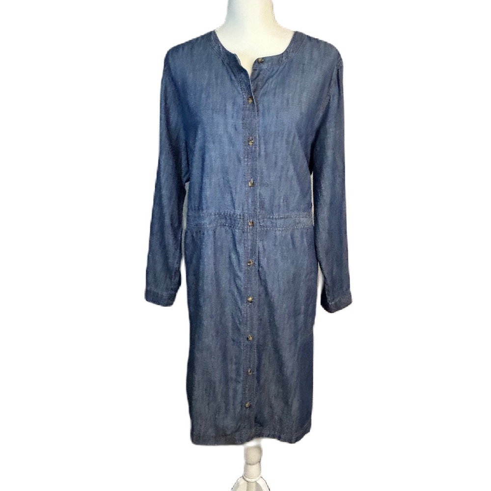 J Jill Denim Shirt Dress XL Cotton Chambray Button Front Roll Tab Sleeve Pockets